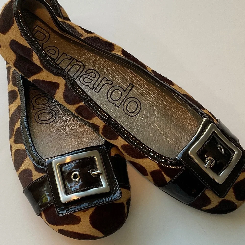 BERNARDO Ballet Buckle Calf Hair Animal Print Flats Size 9